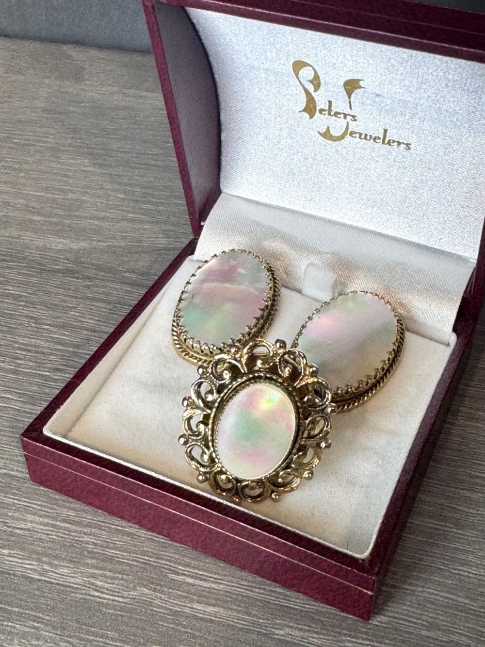 Vintage Whiting & Davis Mother of Pearl Ring & Clip Earrings